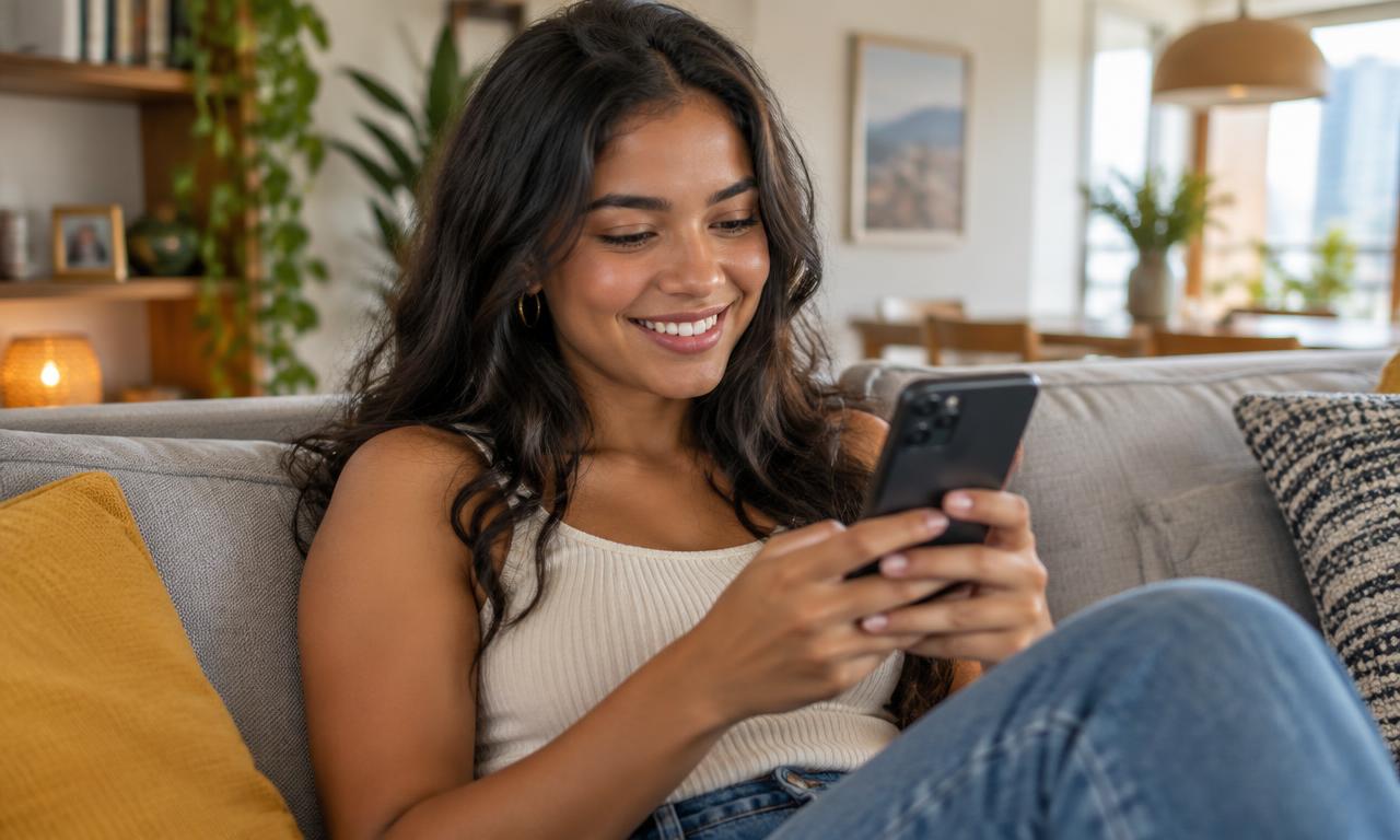 Pessoa sorrindo usando o celular em casa