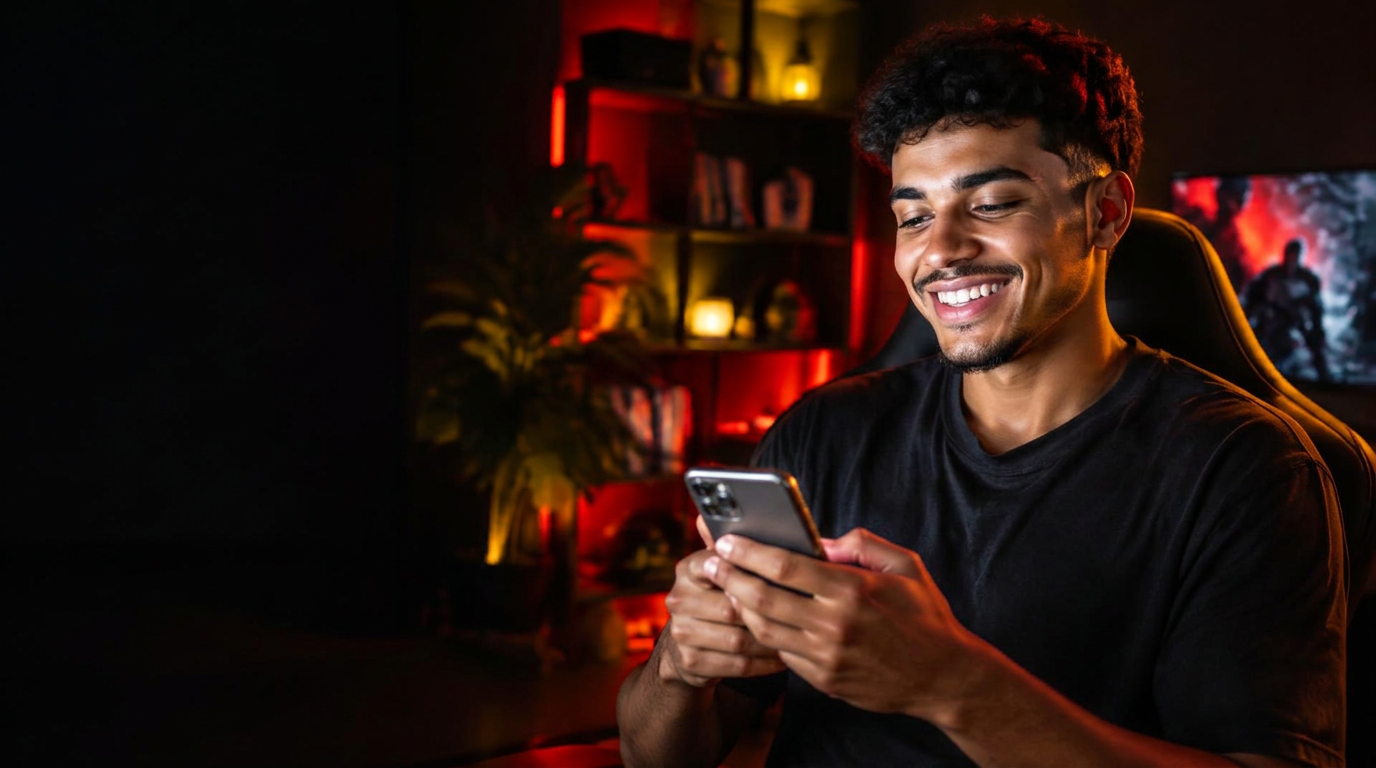 Rapaz sorrindo com o celular à noite